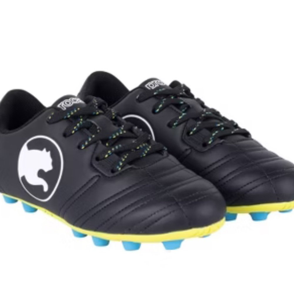 Black Soccer Cleats with Yellow and Blue Accents
